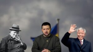 churchill, zelensky mandela on cloudy background, strategy, negotiation, sound negotiator, ai.