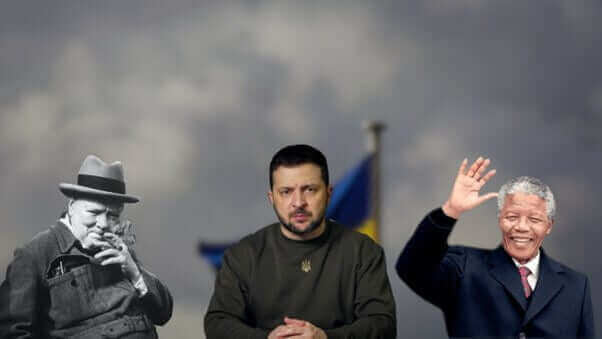 churchill, zelensky mandela on cloudy background, strategy, negotiation, sound negotiator, ai.