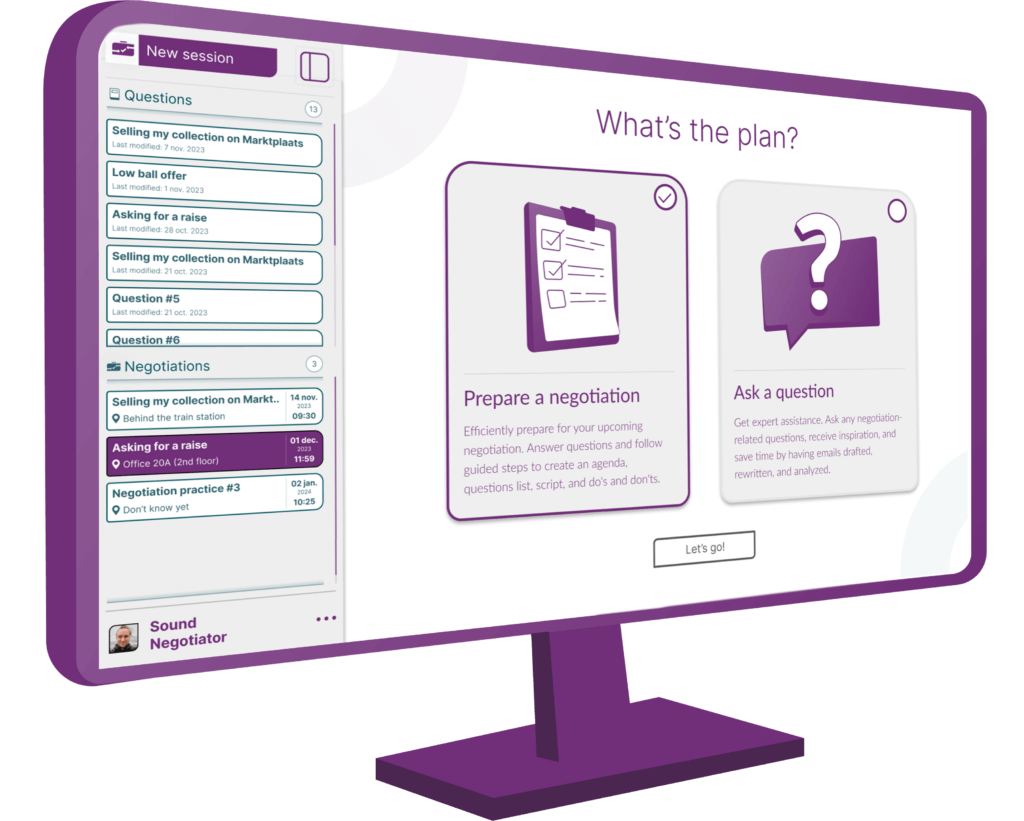 Illustration of the Sound Negotiator assistant, shown on a monitor, negotiation, ai.